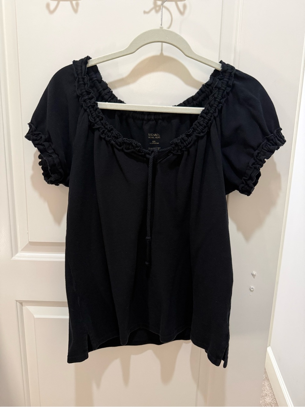 Michael Kors Black Short-Sleeve Ruffle-Neck Peasant Blouse